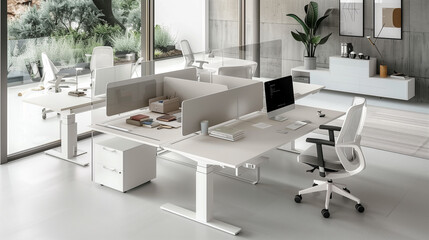 Wall Mural - open-plan office with sleek white desks, ergonomic chairs, soft neutral tones, and large glass parti