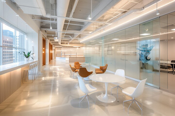 Poster - Open-plan office with sleek white desks, ergonomic chairs, soft neutral tones, and large glass partitions, creating a bright, collaborative workspace with minimal distractions.