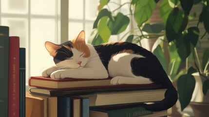 Close-up of a cat sleeping on top of a stack of books, with soft sunlight filtering through a window in a tranquil room