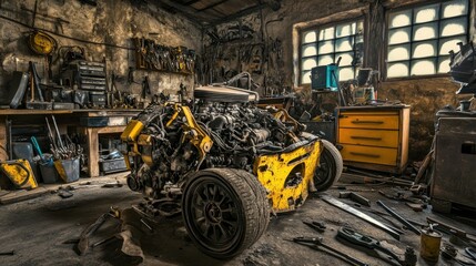 Poster - A Disassembled Engine in a Dusty Workshop