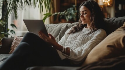 Woman relaxing on sofa and online shopping