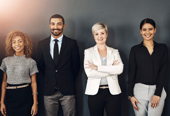 Poster - Diversity, support and portrait of business people in studio for smile, community and teamwork. Happy, collaboration and professional with employees and wall background for confidence and mission