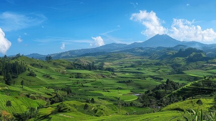 Wall Mural - lush green rice terraces and mountains under a blue sky