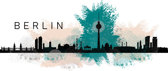 Künstlerische und moderne Silhouetten von Berlin - Bunte Szene der Metropole - Skyline mit abstrakten Mustern Texturen und Klecksen - Wachstum und Kreativität