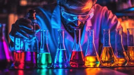 Poster - A Scientist Examining Colored Liquids in Glass Flasks