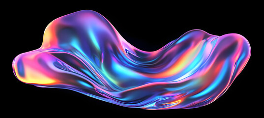 Wall Mural - bold holographic liquid blob shape isolated. iridescent wavy melted substance on black background