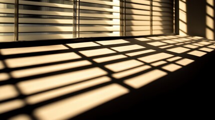 Poster - Soft shadows of blinds fall across the room interior, creating intricate patterns of light and dark in a serene space.