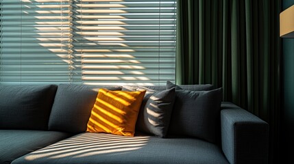 Poster - Soft shadows of blinds fall across the room interior, creating intricate patterns of light and dark in a serene space.