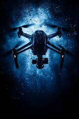 Poster background image, one flying drone in the distance, a subtle harmony of dark blue and black, dreamy background,