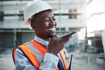 Poster - Happy, black man and architect with speaker phone at site for communication or construction. Young African, civil engineer or builder with smile on mobile smartphone for radio or voice note in city