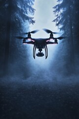 Poster background image, one flying drone in the distance, a subtle harmony of dark blue and black, dreamy background,