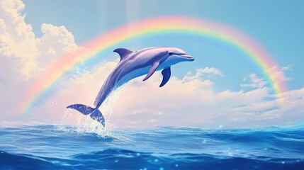 Poster - A joyful dolphin jumps out of the water, framed by a brilliant rainbow stretching across the sky, in a vibrant ocean scene