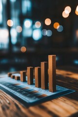 Poster - Rising Bar Chart on Wooden Table with Text Space