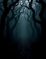 Dark, creepy fairytale forest, scary dry crooked trees