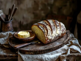 Freshly Baked Bread with Homemade Butter on Rustic Farmhouse Table Natural Textures and Warm Tones