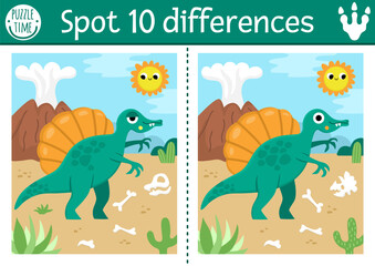 Wall Mural - Find differences game for children. Dinosaur educational activity with Spinosaurus and prehistoric landscape. Puzzle for kids with animal. Printable worksheet, page for attention skills