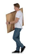 Young man carrying large wooden parcel isolated on white background