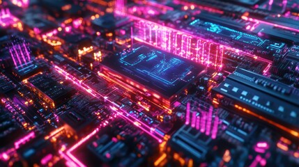 Aufkleber - Neon-Lit Circuit Board with Glowing Wires