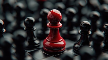 A striking red chess pawn stands alone, surrounded by black pieces, symbolizing individuality and standing out from the crowd