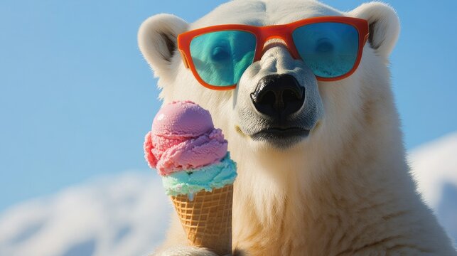 A trendy polar bear in stylish sunglasses holds a colorful ice cream cone, enjoying the treat in the Arctic sun.