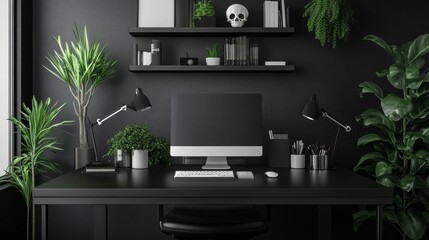 Poster - A black desk with a computer monitor, keyboard, mouse, and a potted plant
