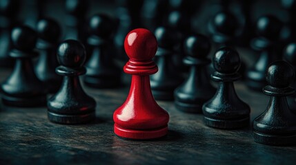 Wall Mural - A vibrant red chess pawn stands out in contrast to a group of black pieces, illustrating the concept of being different