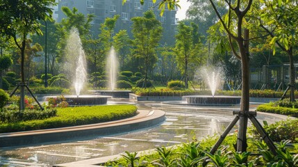 Automated irrigation system in an urban green space, promoting eco-friendly water usage