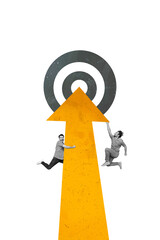 Aufkleber - Vertical creative collage image of two funny man energetic hold arrow point career goal surrealism template metaphor artwork concept
