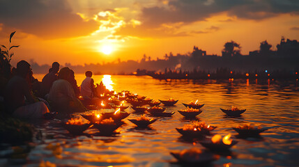 Wall Mural - evening on chhath puja, people gather on the river bank with offerings, the orange sky at sunset cre
