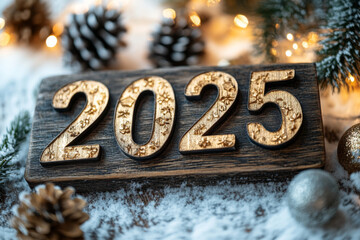 Wooden sign with the numbers 2025 surrounded by pine cones and other christmas decorations