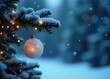 © fotoluigi868 - Golden glitter on blue fir branch hangs from snow ball near Christmas tree at night with abstract winter scene in a calm blue.