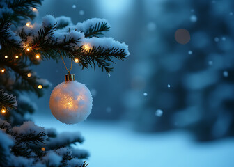 Wall Mural - golden glitter on blue fir branch hangs from snow ball near christmas tree at night with abstract wi