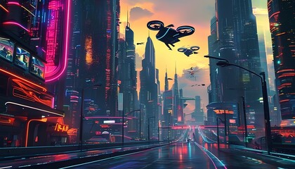 Futuristic urban landscape exploring a neon-drenched cityscape with flying vehicles and majestic skyscrapers at dusk