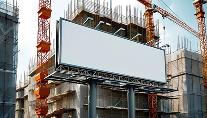 Construction zone with blank billboard ready for advertising in a developing urban landscape showcasing modern industry and architectural progress in work environment