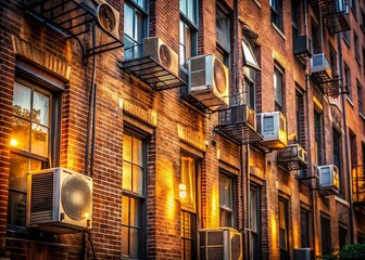 Low Light Photography of Window Air Conditioners on Old Brick Apartment Building in Astoria Queens New York