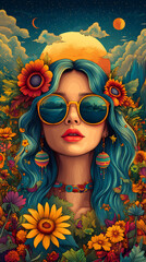 Poster - A seamless line art pattern in hippie style, featuring peace signs, flowers, hearts, and groovy wave designs. 