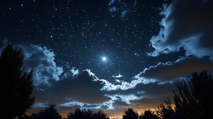Wall Mural - a bright star shines in a night sky filled with clouds and stars.