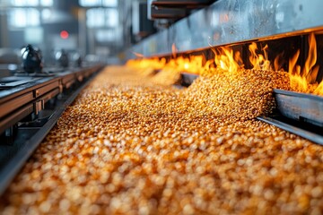 Wall Mural - Corn Kernels Flowing on Conveyor Belt Through Flames