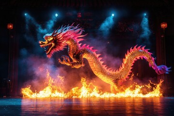 Tai Hang Fire Dragon Dance background for a banner, featuring a large fire dragon on stage illuminated by vibrant, colorful lights