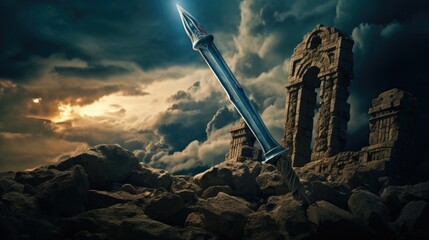 An ethereal scene where a pen transforms into a sword, symbolizing the power of words, set against a backdrop of a stormy sky and ancient ruins.