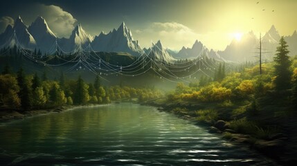 Design a surreal scene where stock market indices and financial data are integrated into natural landscapes, such as stock graphs rising like mountains or flowing like rivers