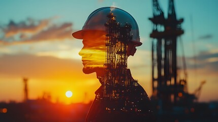 Worker Silhouette at Sunset with Industry Reflection