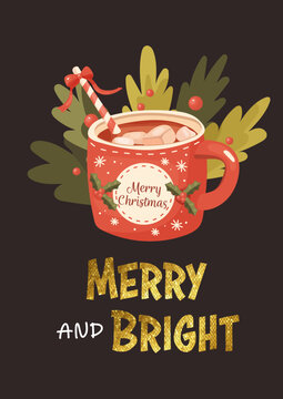 Christmas card with cocoa . Gold lettering, greeting.