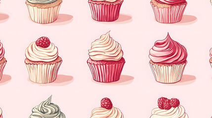 Seamless cupcake pattern featuring colorful desserts like chocolate and strawberry, perfect for a birthday or celebration theme