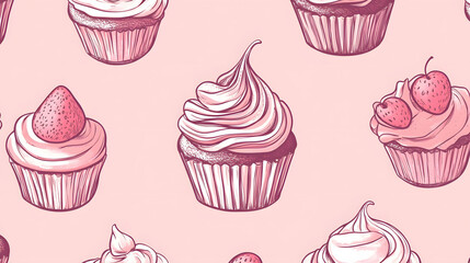 Seamless cupcake pattern featuring colorful desserts like chocolate and strawberry, perfect for a birthday or celebration theme