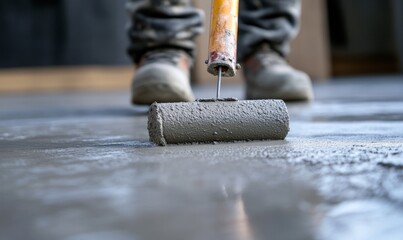 Master with needle roller for new screed concrete with self leveling cement mortar for floors. Concept building renovation home