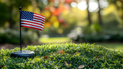 American Flag on Green Grass with a Blurred Background Photo