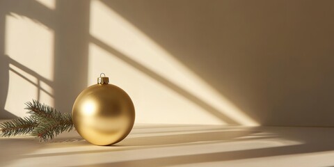 Wall Mural - An elegant golden Christmas ball resting on a bright surface, surrounded by soft shadows, enhancing the essence of festive luxury