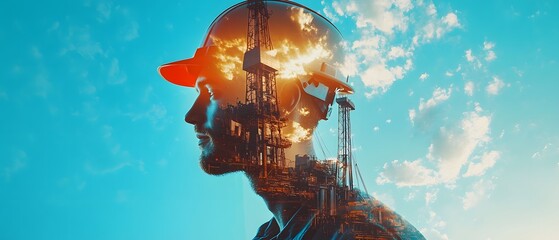 Poster - Double Exposure of Worker and Oil Rig at Sunset