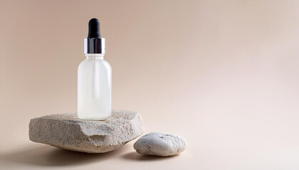 Glass dropper bottle with white liquid essence, serum or cream on stand from natural stone, beige pastel background. Natural Organic Spa Cosmetic, minimal aesthetic mock up cosmetic skin care product